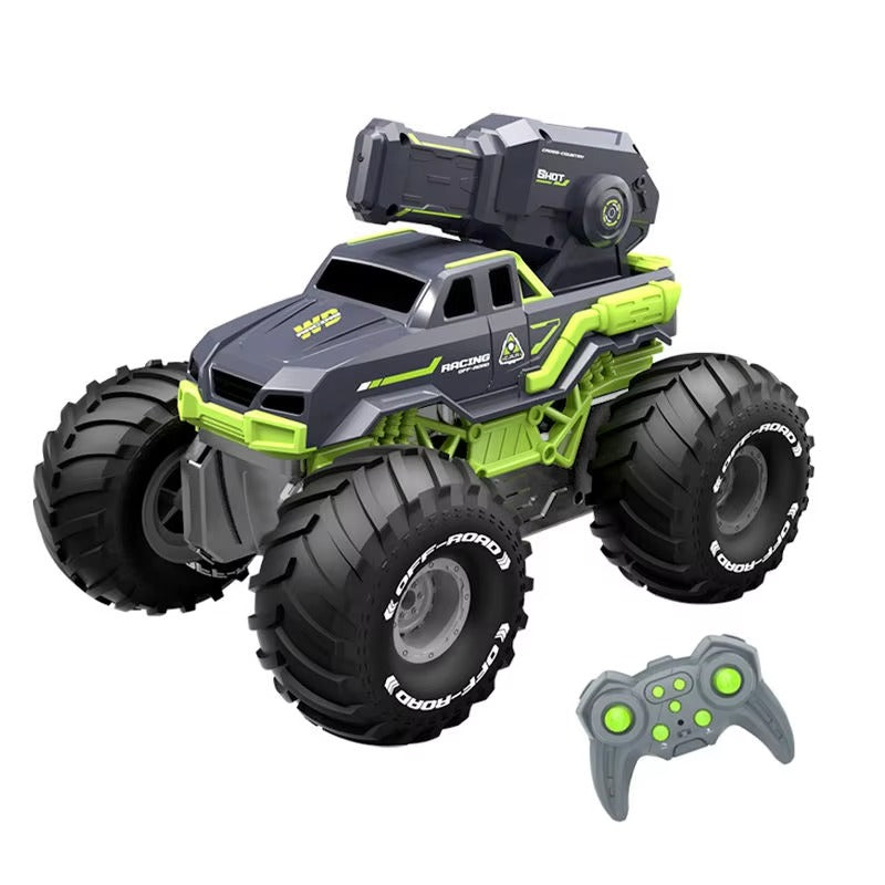 2026 RC amphibious 4WD monster truck with water spray cannon in grey and neon green with remote controller on white background