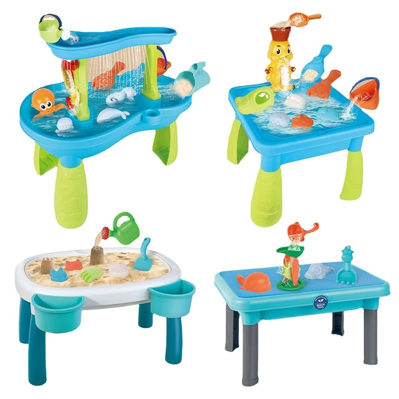 Kids 3-in-1 sand and water activity table set showing 4 play configurations with blue and green design, ocean toys, waterfall and accessories on white background