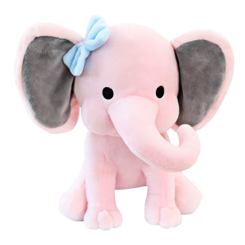 Kawaii baby elephant plush stuffed toy 25cm with pink soft body, large grey ears, blue bow and cute black eyes on white background