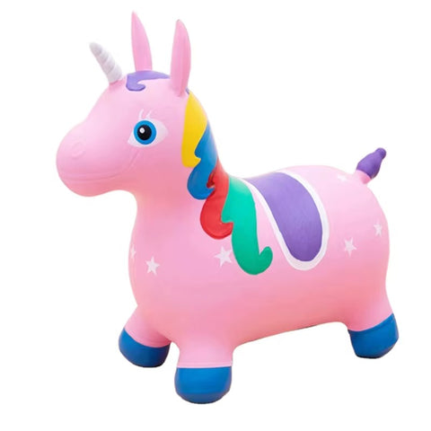 Pink inflatable jumping unicorn hopper ride-on toy for kids with rainbow mane and blue hooves on white background